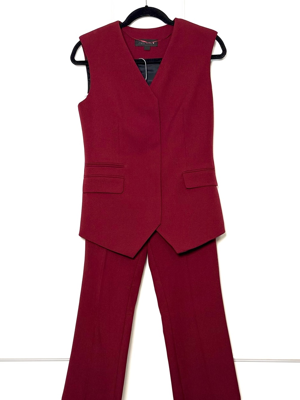Zara Burgundy Vest & Cropped Ankle Pang Suit S/XS Chic Minimalist Office Tailor